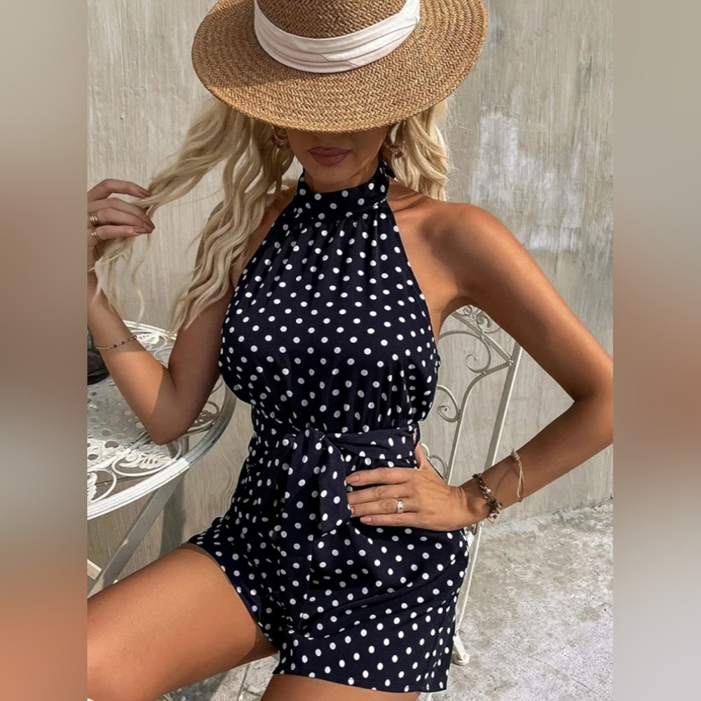 Women's Blue and White Polka-dot Backless Romper Size L